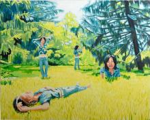 Four women in a meadow that appear to be the same woman.  